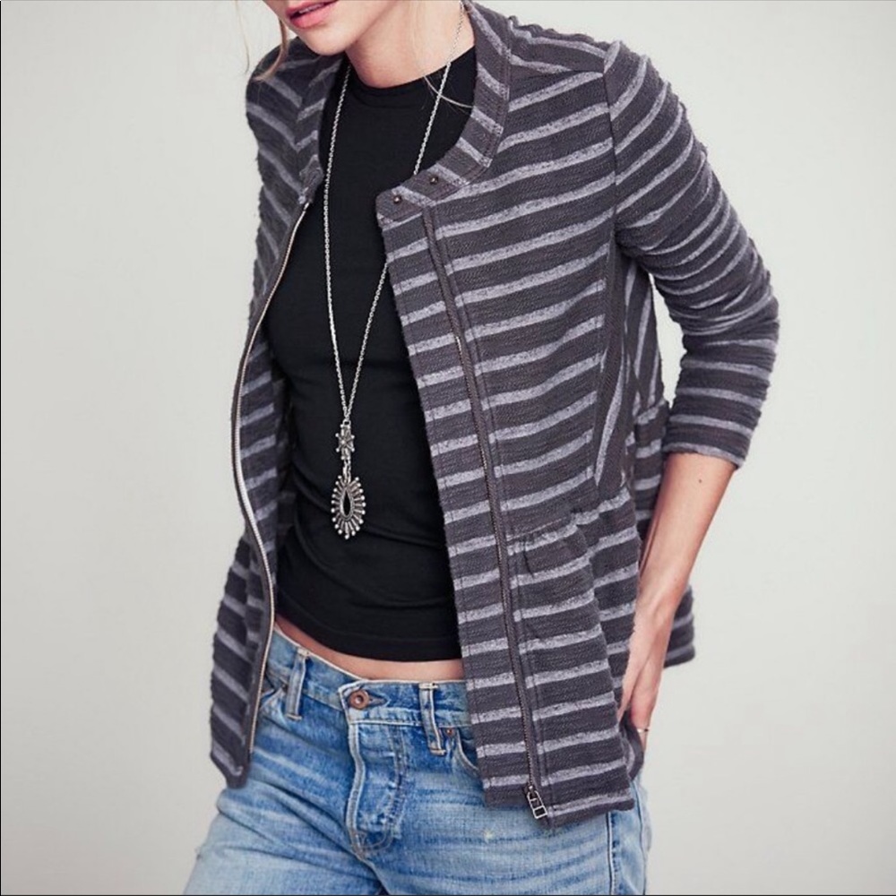Free People Gray Striped ZIP Up Peplum Jacket